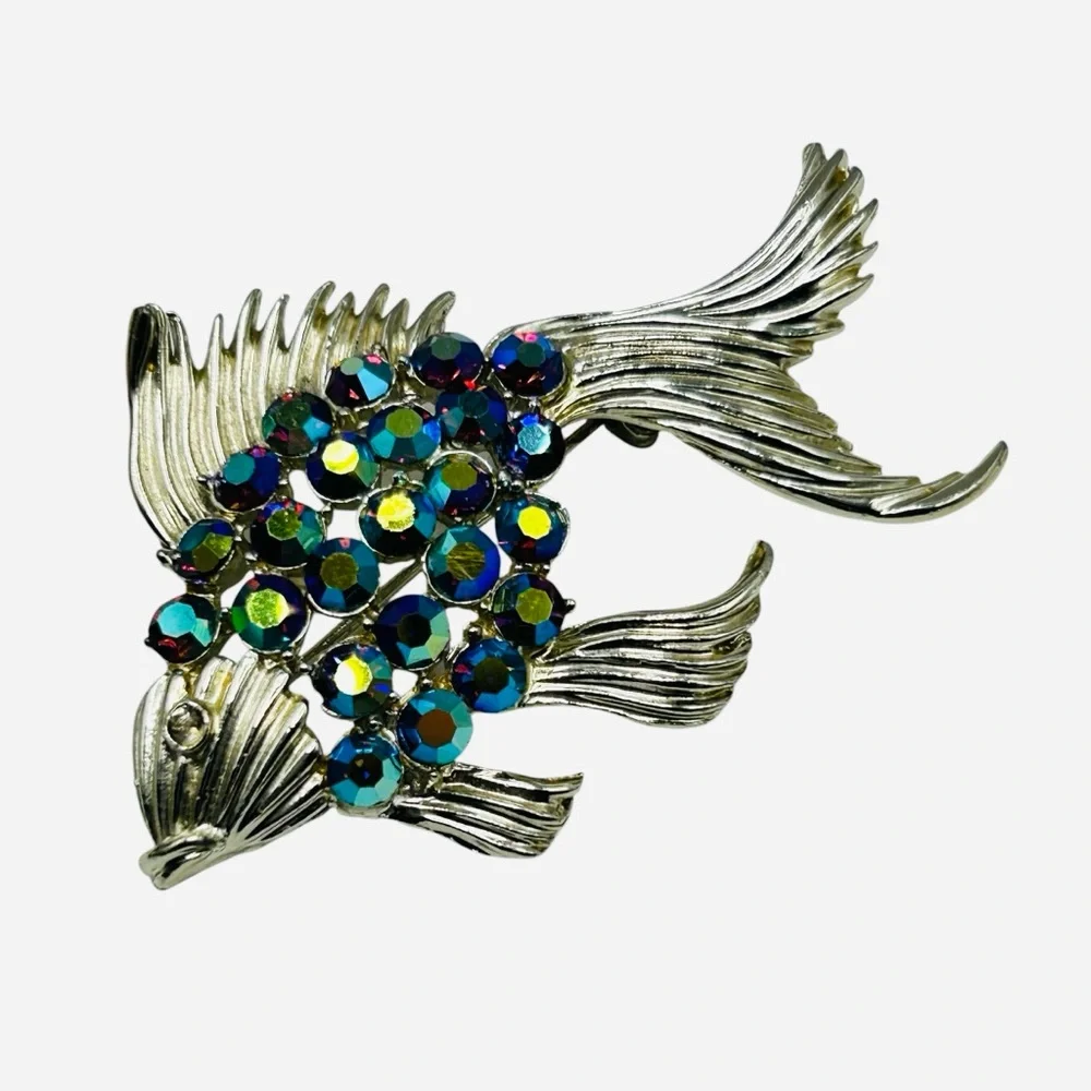 Vintage BSK Purple AB Rhinestone Fish Brooch
